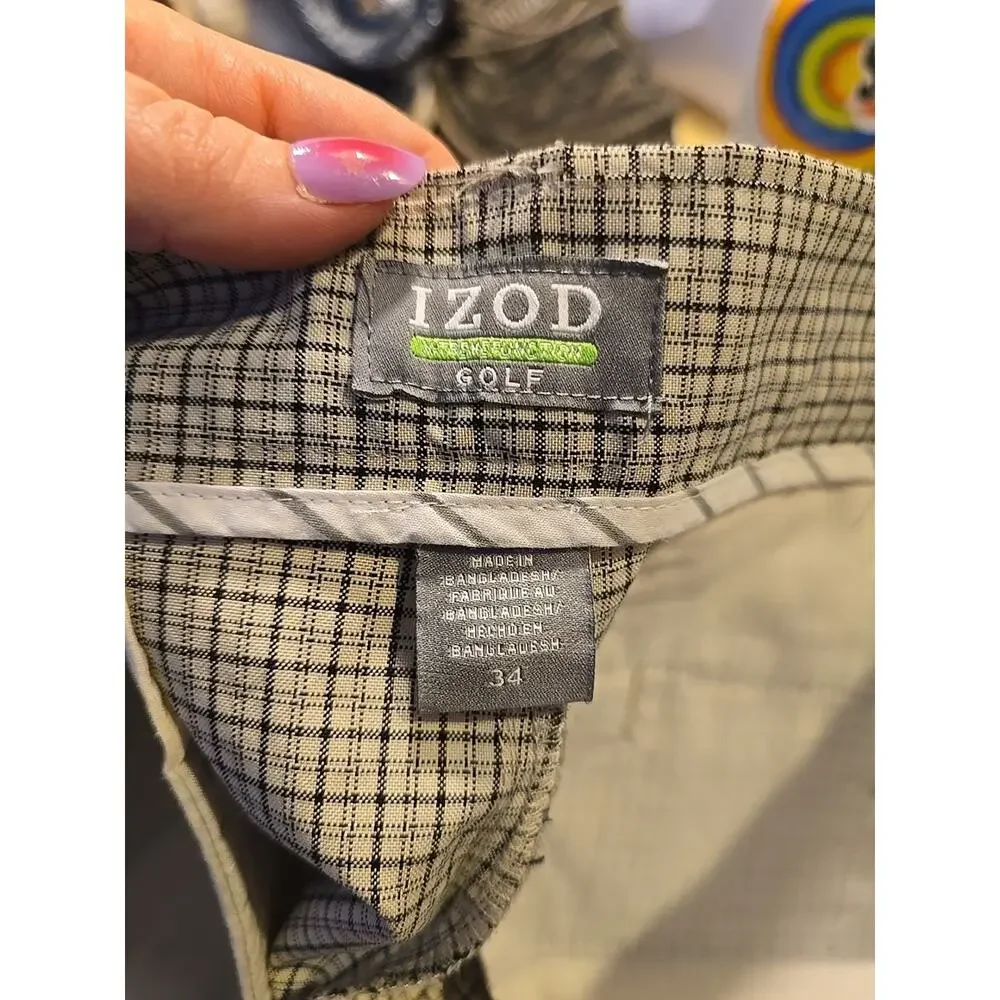 IZOD Tan Plaid Chino Performance Flat‎ Front Outdoor Golf Shorts Men's Size 34